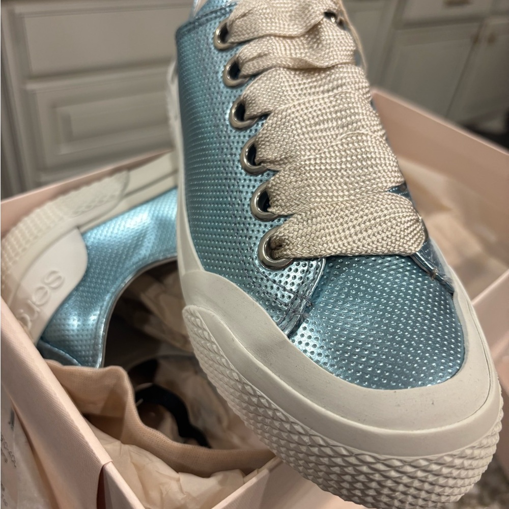 Sergio Rossi Metallic Light Blue Women's Sneaker with Cream Laces